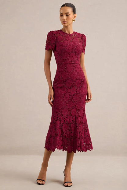 Burgundy Lace Mermaid High Neck Keyhole Back Midi Dress - Aabei Dress