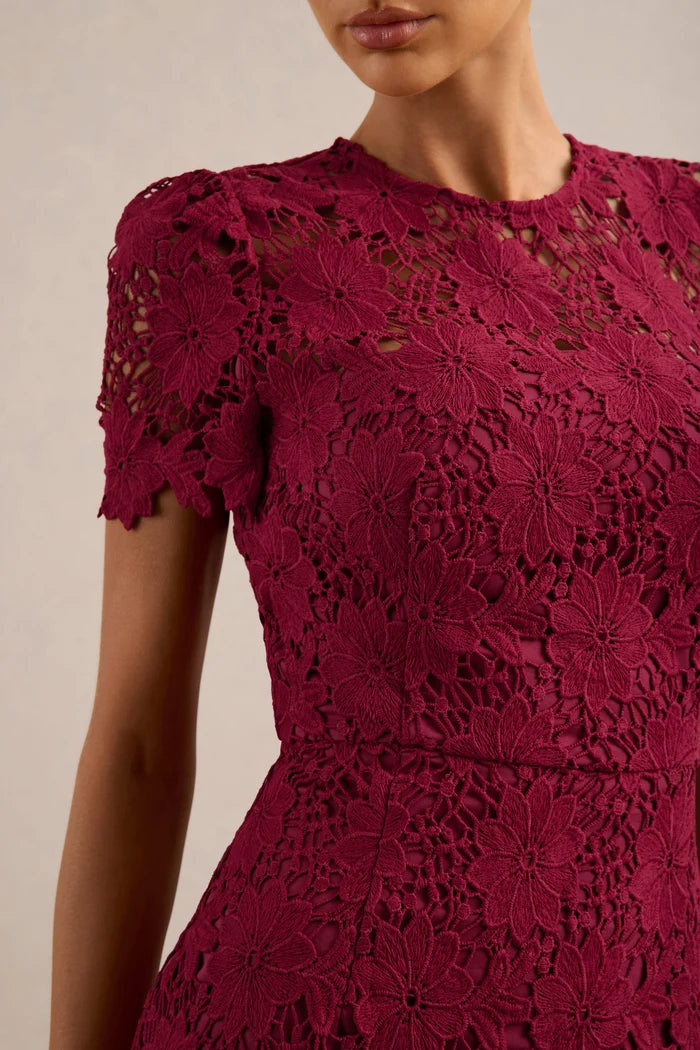 Burgundy Lace Mermaid High Neck Keyhole Back Midi Dress - Aabei Dress