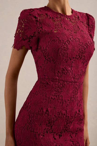 Burgundy Lace Mermaid High Neck Keyhole Back Midi Dress - Aabei Dress