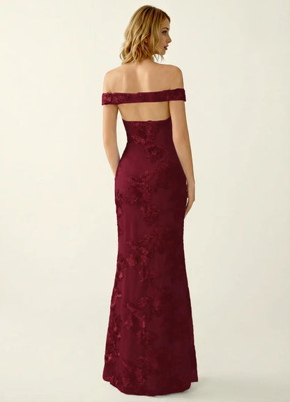 Burgundy Lace sheath-column off-the-shoulder open-back floor-length Dress Back View - Aabei Dress