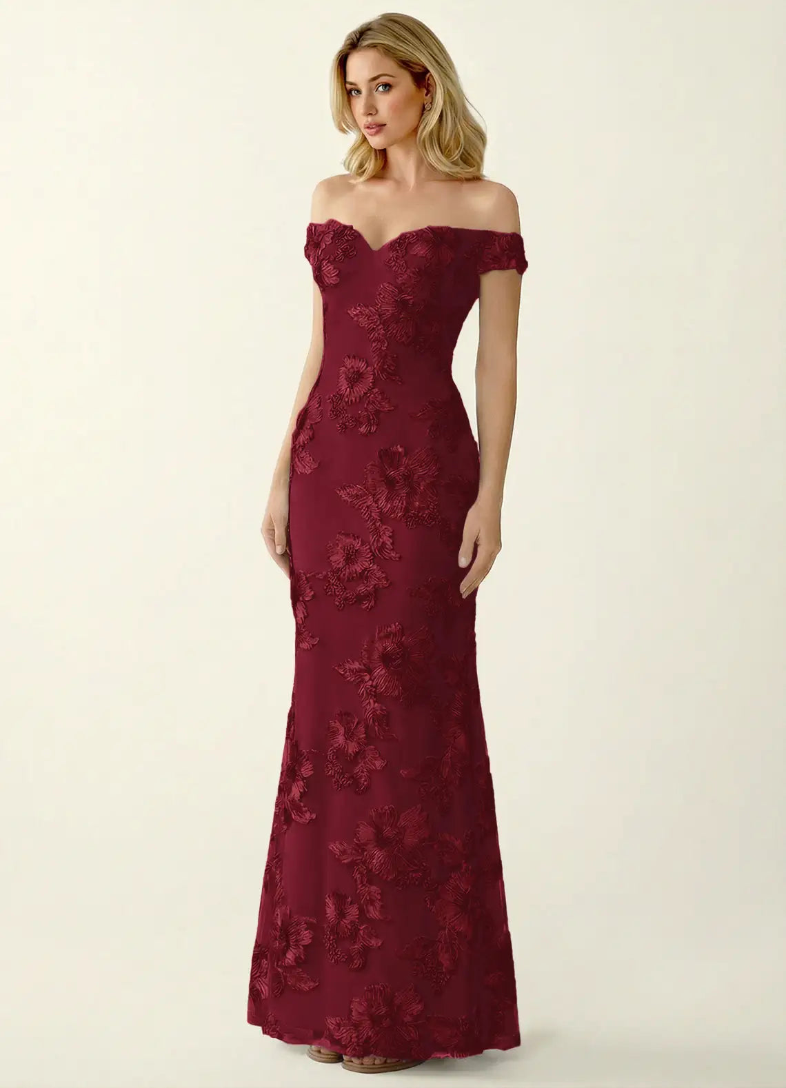 Burgundy Lace sheath-column off-the-shoulder open-back floor-length Dress Front View - Aabei Dress