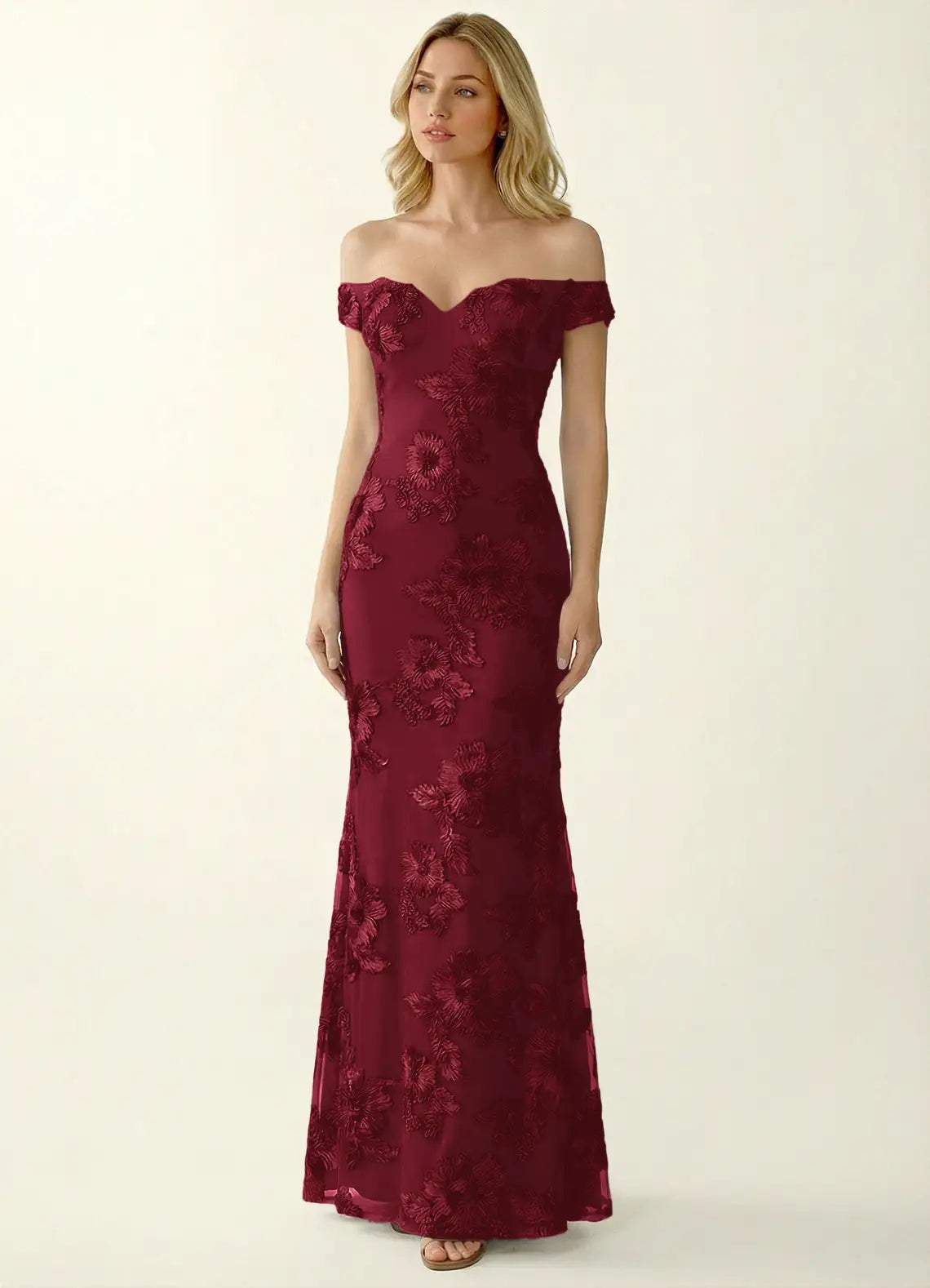 Burgundy Lace sheath-column off-the-shoulder open-back floor-length Dress - Aabei Dress