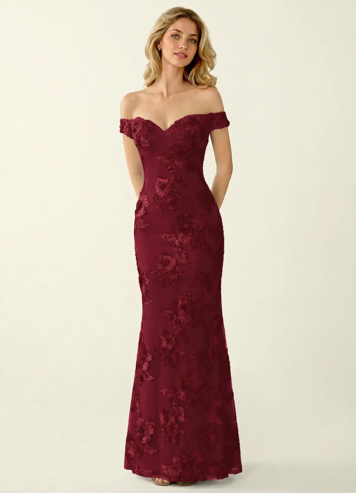Burgundy Lace sheath-column off-the-shoulder open-back floor-length Dress - Aabei Dress