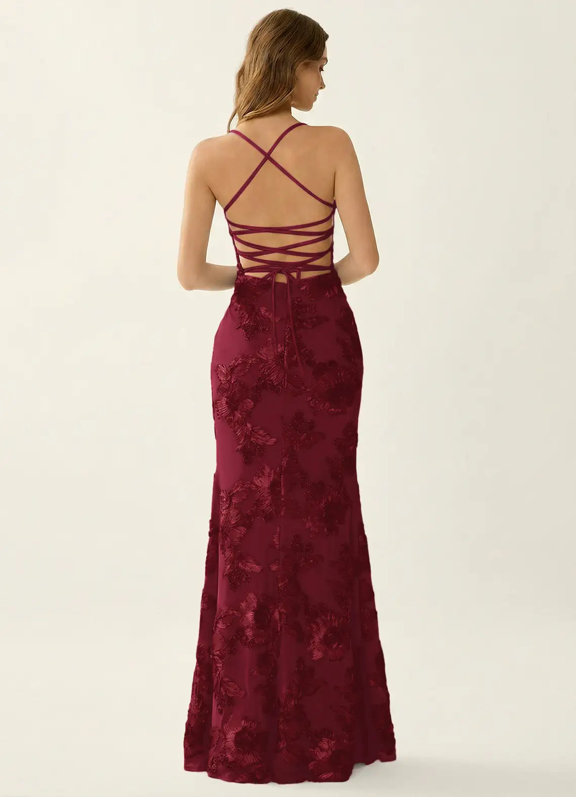 Burgundy Lace Sheath/column Square Neck Criss-Cross Straps Floor-Length Dress Back View - Aabei Dress