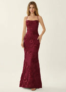 Burgundy Lace Sheath/column Square Neck Criss-Cross Straps Floor-Length Dress Front View - Aabei Dress