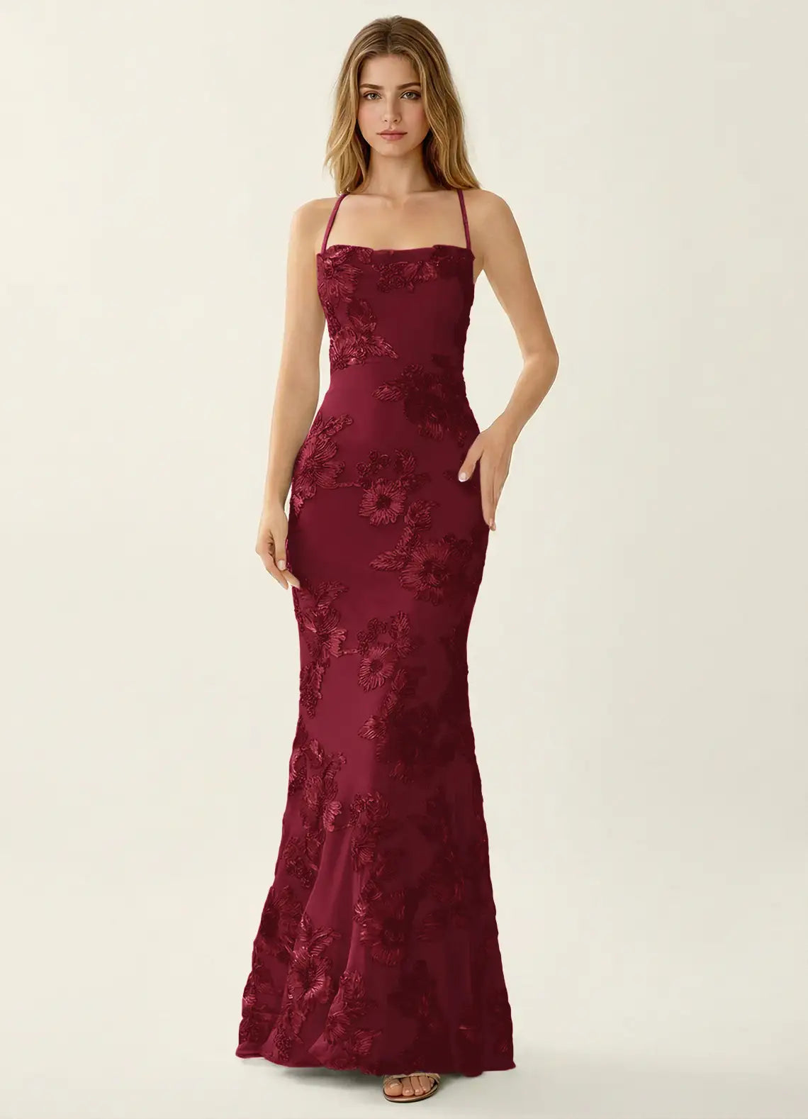 Burgundy Lace Sheath/column Square Neck Criss-Cross Straps Floor-Length Dress Front View - Aabei Dress