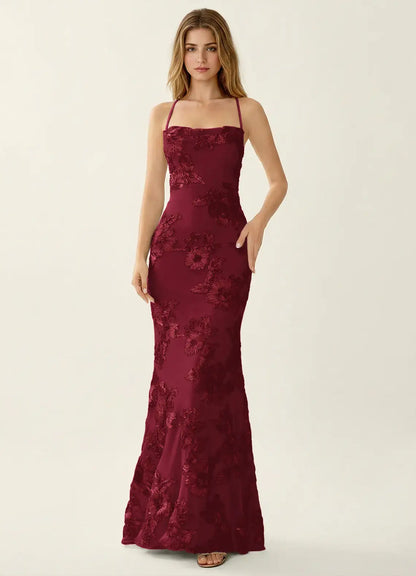 Burgundy Lace Sheath/column Square Neck Criss-Cross Straps Floor-Length Dress Front View - Aabei Dress