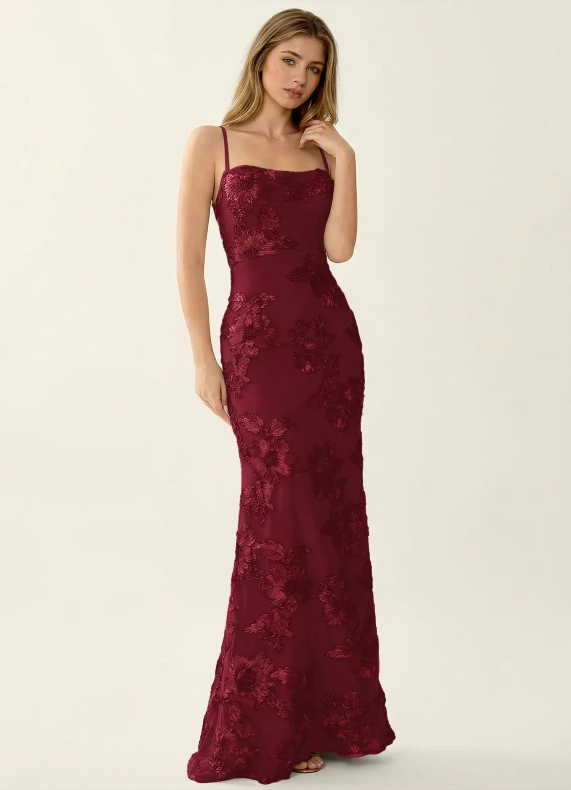 Burgundy Lace Sheath/column Square Neck Criss-Cross Straps Floor-Length Dress - Aabei Dress