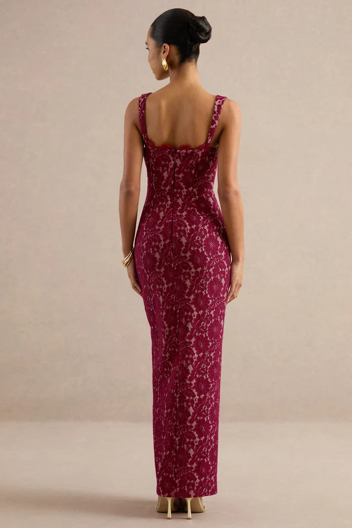 Burgundy Lace sheath-column straight-across zipper-back floor-length Dress Back View - Aabei Dress