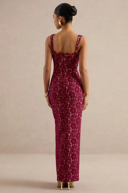 Burgundy Lace sheath-column straight-across zipper-back floor-length Dress Back View - Aabei Dress