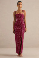 Burgundy Lace sheath-column straight-across zipper-back floor-length Dress Front View - Aabei Dress