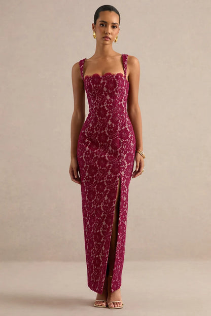 Burgundy Lace sheath-column straight-across zipper-back floor-length Dress Front View - Aabei Dress