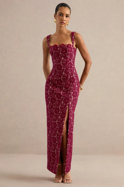 Burgundy Lace sheath-column straight-across zipper-back floor-length Dress - Aabei Dress