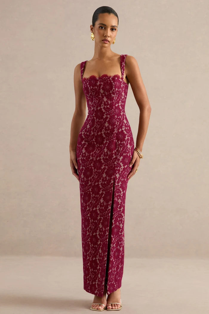 Burgundy Lace sheath-column straight-across zipper-back floor-length Dress - Aabei Dress