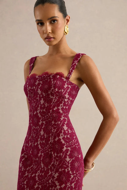 Burgundy Lace sheath-column straight-across zipper-back floor-length Dress - Aabei Dress
