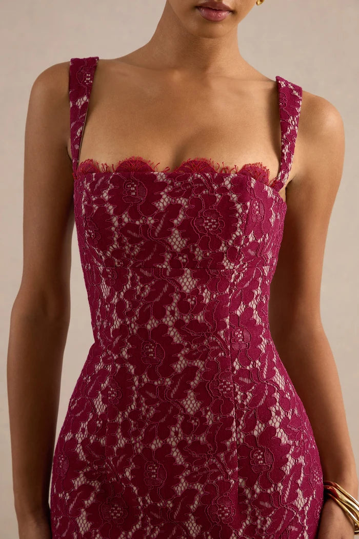 Burgundy Lace sheath-column straight-across zipper-back floor-length Dress - Aabei Dress