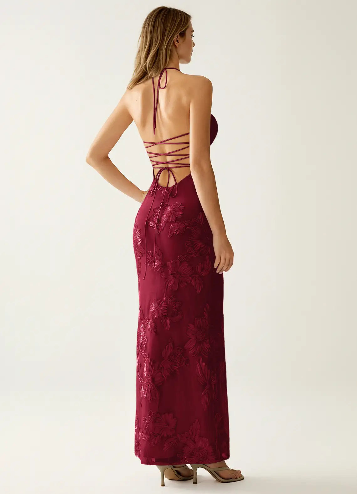 Burgundy Lace sheath-column sweetheart lace-up-back floor-length Dress Back View - Aabei Dress