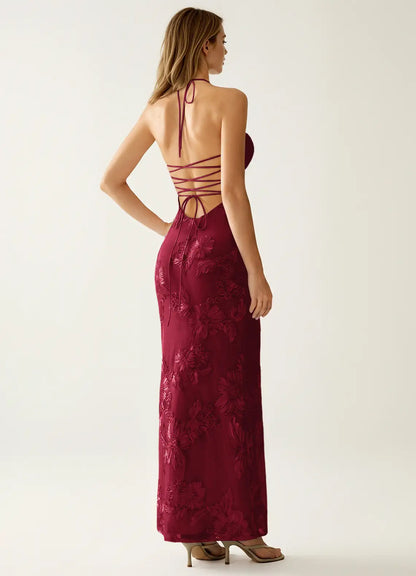 Burgundy Lace sheath-column sweetheart lace-up-back floor-length Dress Back View - Aabei Dress