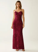 Burgundy Lace sheath-column sweetheart lace-up-back floor-length Dress Front View - Aabei Dress