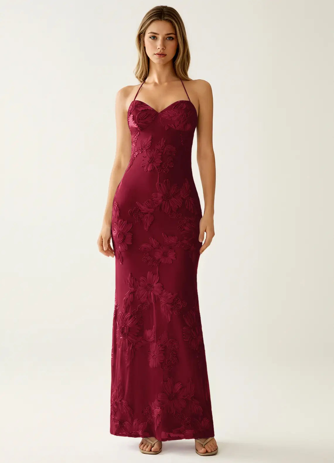 Burgundy Lace sheath-column sweetheart lace-up-back floor-length Dress Front View - Aabei Dress