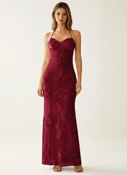 Burgundy Lace sheath-column sweetheart lace-up-back floor-length Dress Front View - Aabei Dress