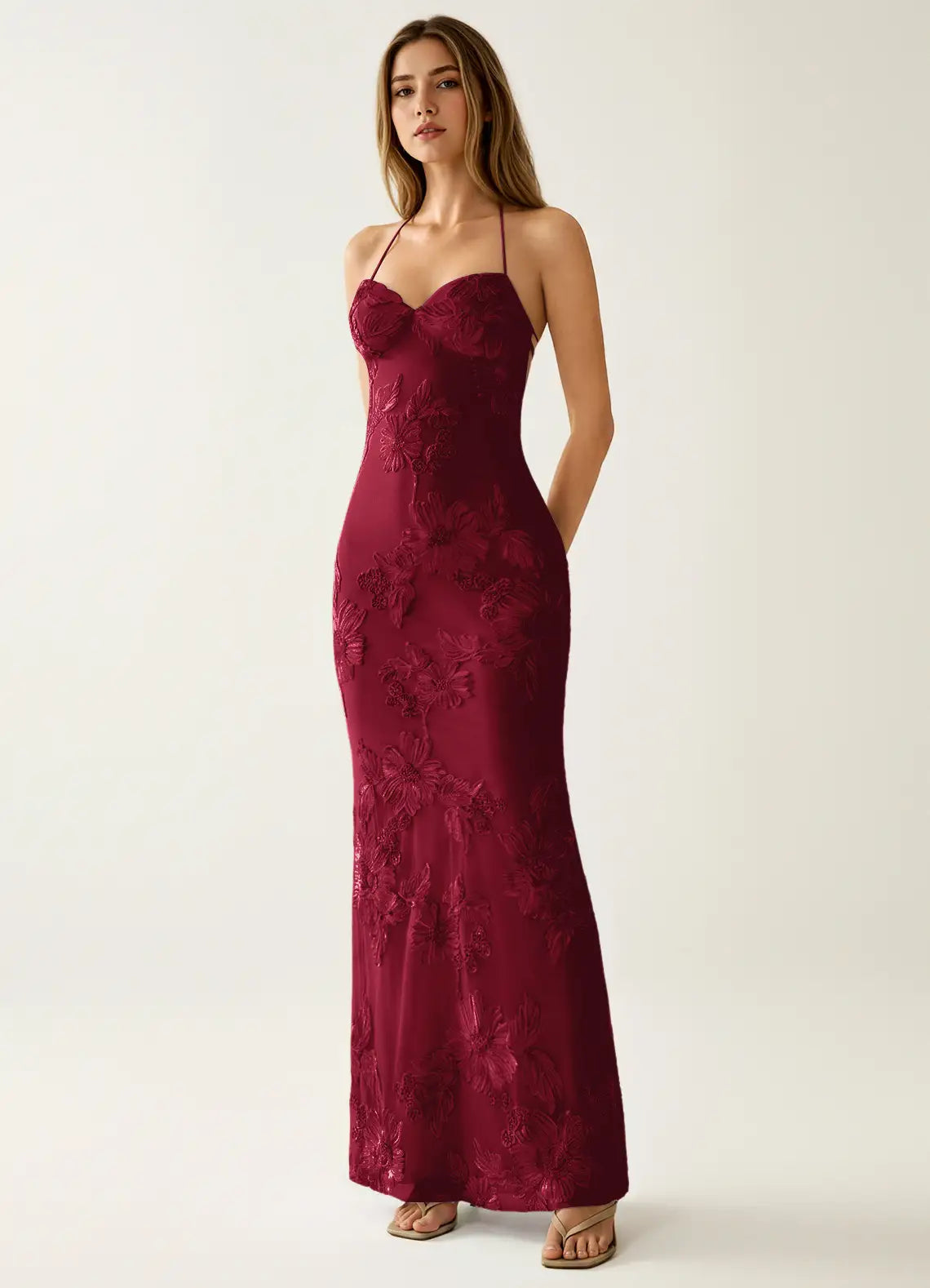 Burgundy Lace sheath-column sweetheart lace-up-back floor-length Dress - Aabei Dress
