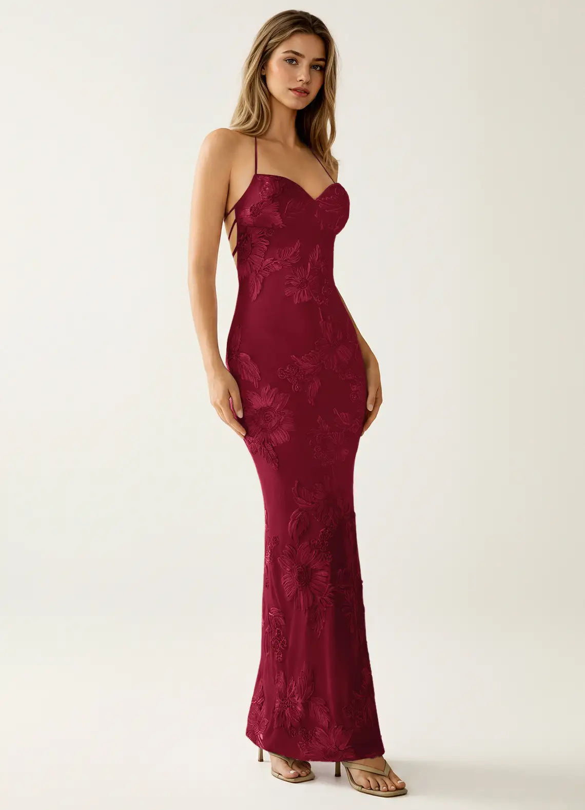 Burgundy Lace sheath-column sweetheart lace-up-back floor-length Dress - Aabei Dress