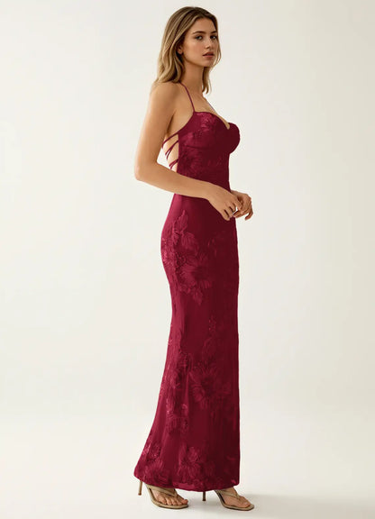 Burgundy Lace sheath-column sweetheart lace-up-back floor-length Dress - Aabei Dress