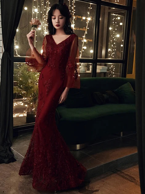 Burgundy Lace Trumpet V-Neck V-Back Floor-Length Dress - Aabei Dress