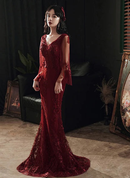 Burgundy Lace Trumpet V-Neck V-Back Floor-Length Dress - Aabei Dress