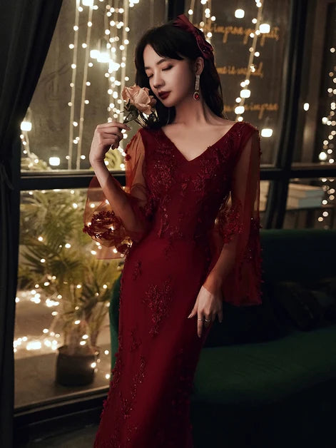 Burgundy Lace Trumpet V-Neck V-Back Floor-Length Dress - Aabei Dress