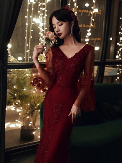 Burgundy Lace Trumpet V-Neck V-Back Floor-Length Dress - Aabei Dress