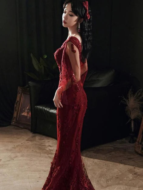 Burgundy Lace Trumpet V-Neck V-Back Floor-Length Dress - Aabei Dress