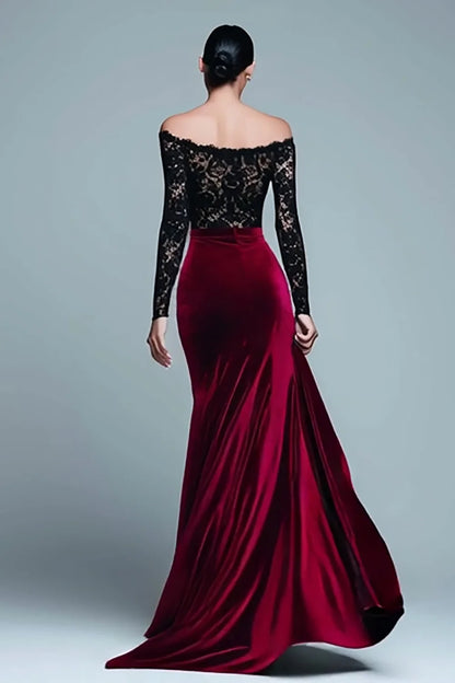 Burgundy Lace & Velvet sheath-column off-the-shoulder floor-length Dress Back View - Aabei Dress