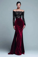 Burgundy Lace & Velvet sheath-column off-the-shoulder floor-length Dress Front View - Aabei Dress