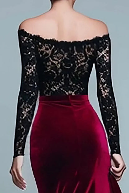 Burgundy Lace & Velvet sheath-column off-the-shoulder floor-length Dress - Aabei Dress
