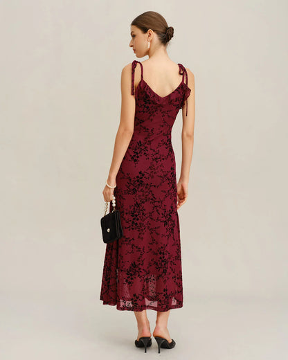 Burgundy Mesh A-Line V-Neck V-Back Midi Dress Back View - Aabei Dress