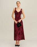 Burgundy Mesh A-Line V-Neck V-Back Midi Dress Front View - Aabei Dress