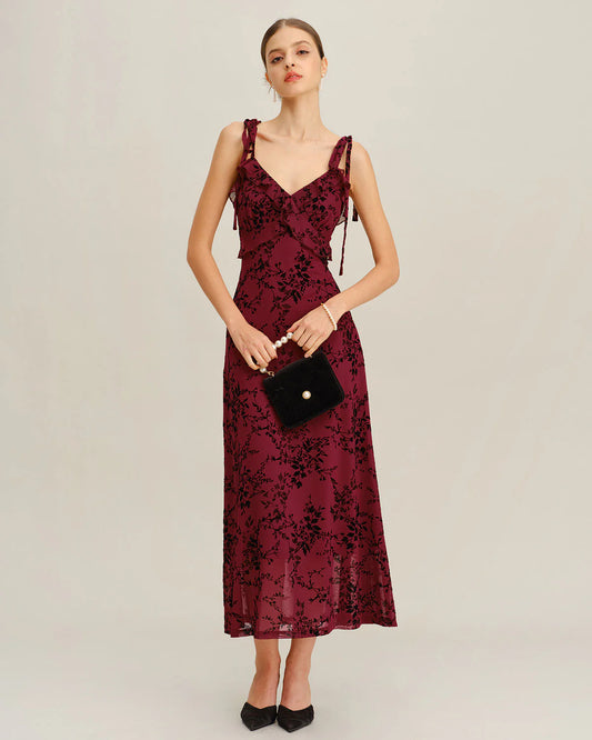 Burgundy Mesh A-Line V-Neck V-Back Midi Dress Front View - Aabei Dress