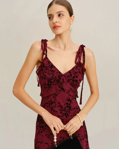 Burgundy Mesh A-Line V-Neck V-Back Midi Dress - Aabei Dress