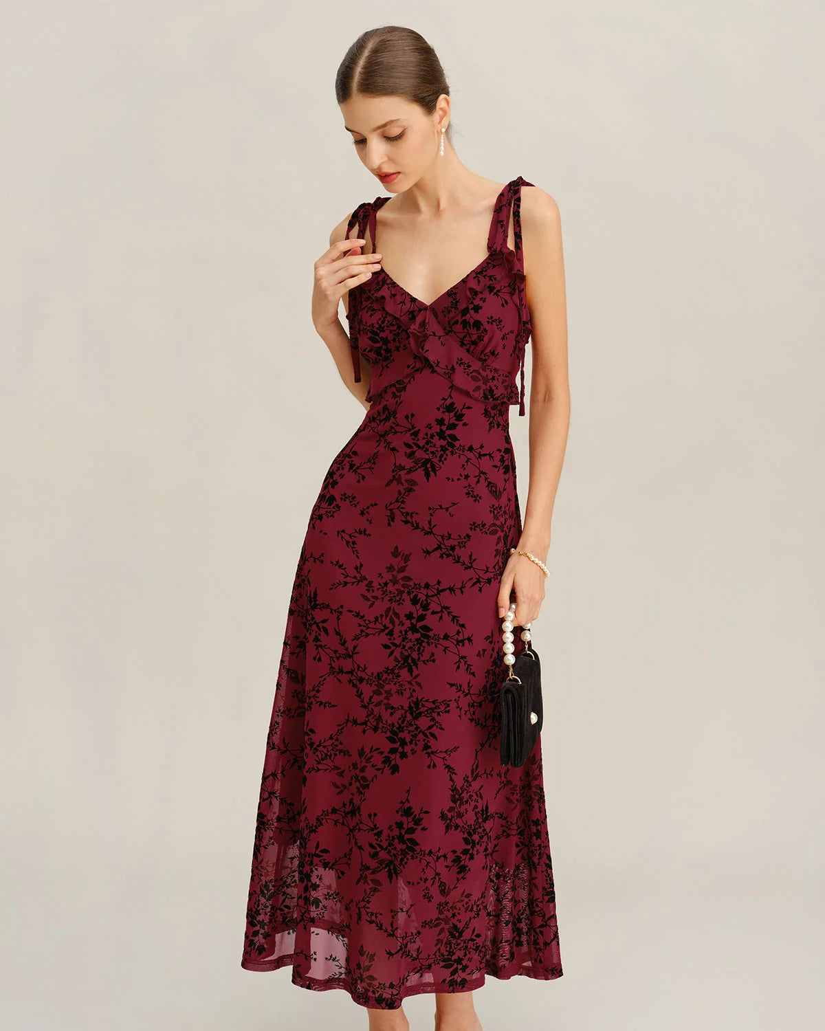 Burgundy Mesh A-Line V-Neck V-Back Midi Dress - Aabei Dress