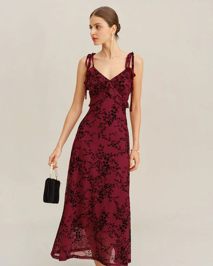 Burgundy Mesh A-Line V-Neck V-Back Midi Dress - Aabei Dress