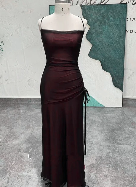 Burgundy Mesh Sheath Column Straight Across Criss Cross Back Floor-Length Dress Front View - Aabei Dress