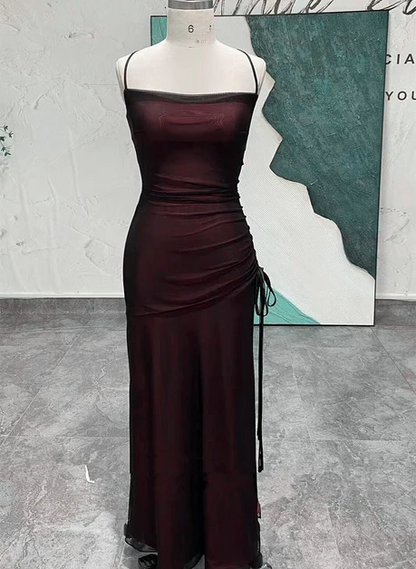 Burgundy Mesh Sheath Column Straight Across Criss Cross Back Floor-Length Dress Front View - Aabei Dress