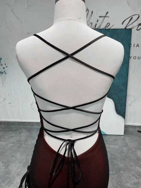Burgundy Mesh Sheath Column Straight Across Criss Cross Back Floor-Length Dress - Aabei Dress