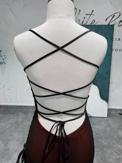 Burgundy Mesh Sheath Column Straight Across Criss Cross Back Floor-Length Dress - Aabei Dress