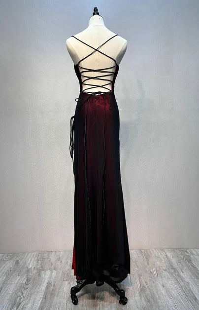 Burgundy Mesh Sheath Column Sweetheart Lace Up Back Floor Length Dress Back View - Aabei Dress