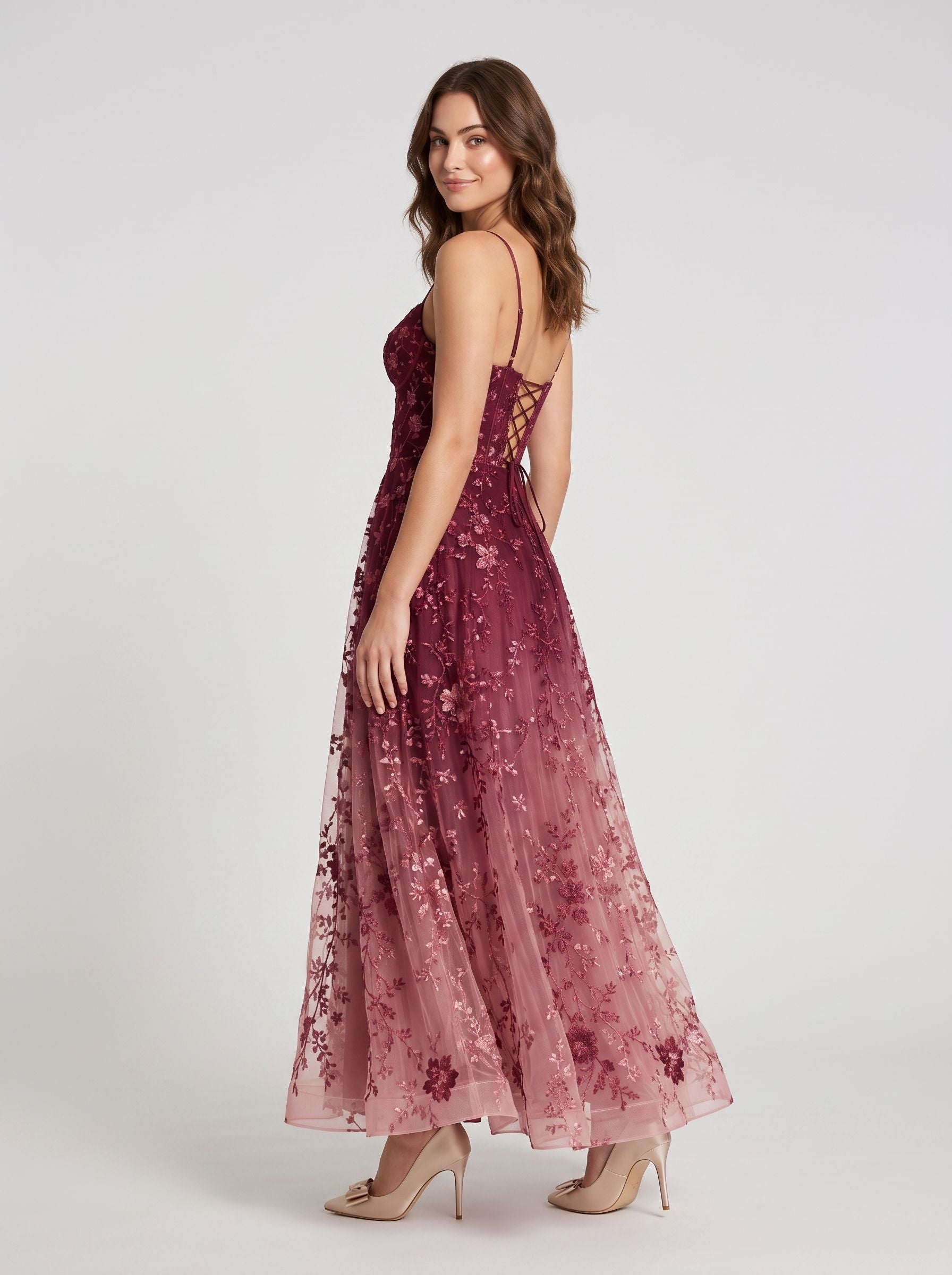 Burgundy Ombre Embroidered Tulle A-Line Sweetheart Floor-Length Dress Back View - Aabei Dress