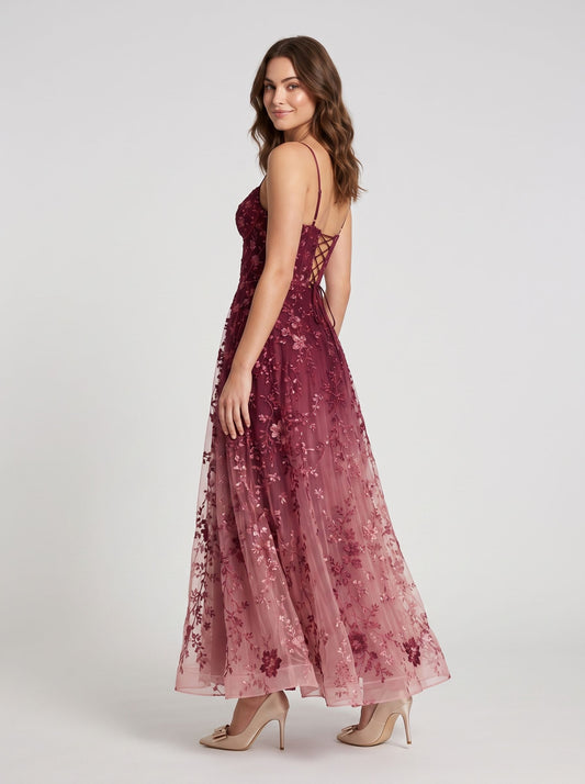 Burgundy Ombre Embroidered Tulle A-Line Sweetheart Floor-Length Dress Back View - Aabei Dress