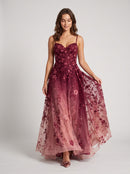 Burgundy Ombre Embroidered Tulle A-Line Sweetheart Floor-Length Dress Front View - Aabei Dress